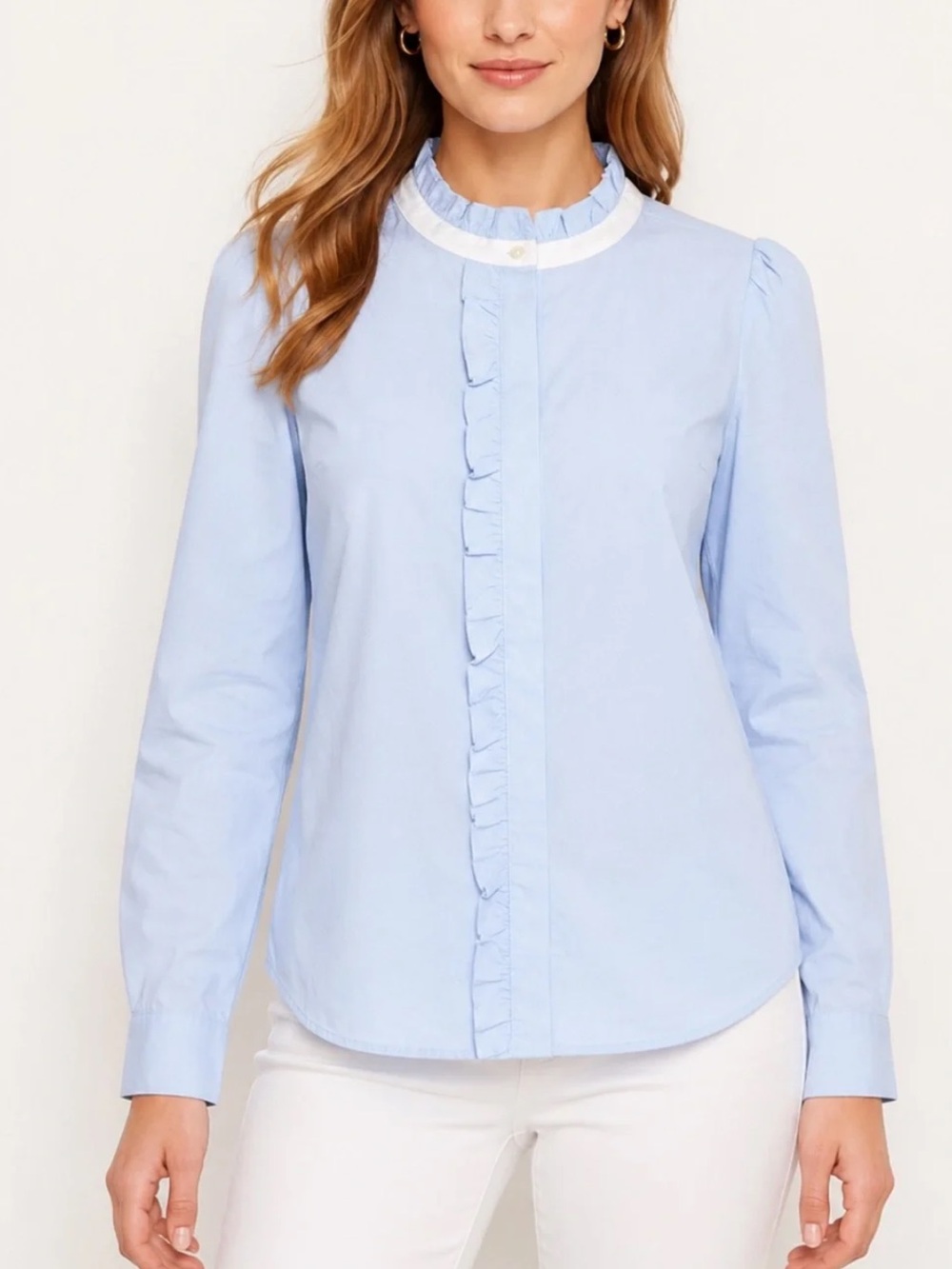 Women's Light Blue Ruffle-Trim Blouse